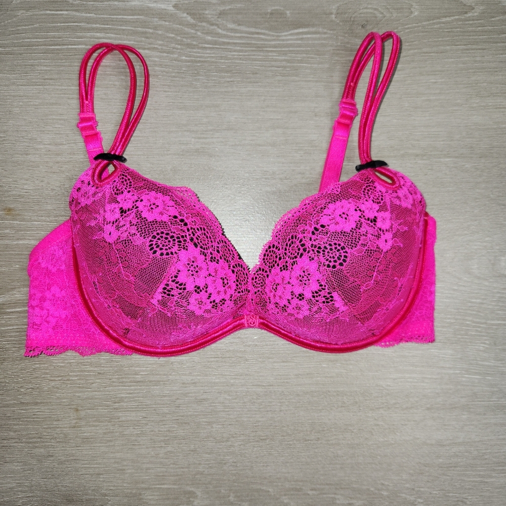 Vtg Y2K Victorias Secret Sexy Little Things Bra 36C Fuschia Hot Pink Lace Padded